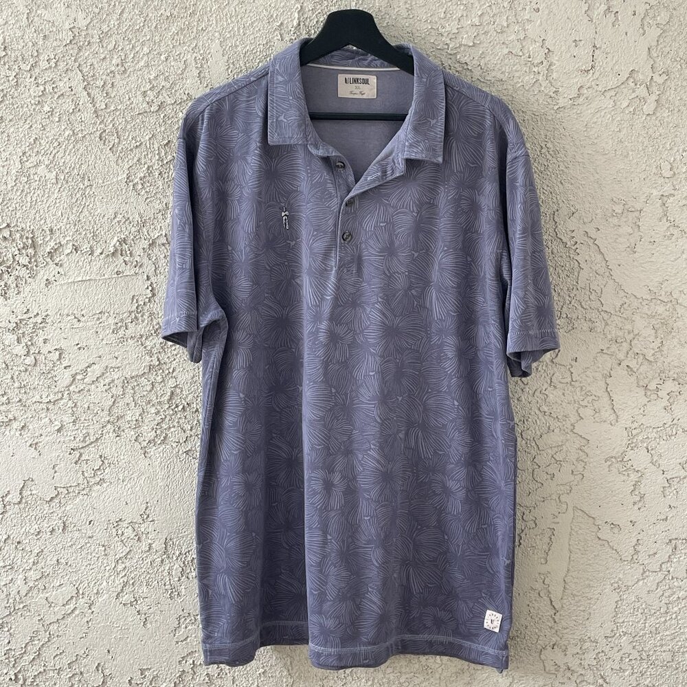 Linksoul Tempus Fugit Polo XL Blue Floral Leaf Print Golf Short Sleeve Shirt